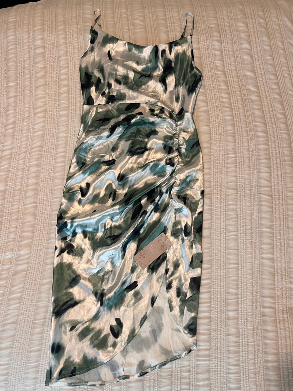 SHEIN Silver Satin Midi Dress with Green Abstract Print